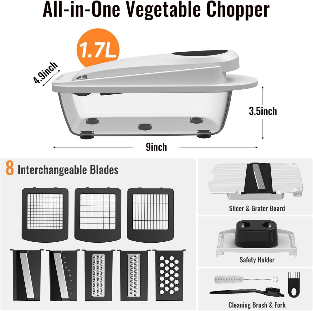 8-Blade All-in-1 Vegetable Chopper Slicer with Container, White