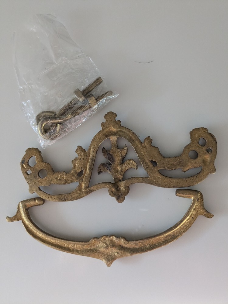 Drop Bail Drawer Pull Solid Brass w/hardware Ornate NOS 3" center 4.5"wide 1.75T