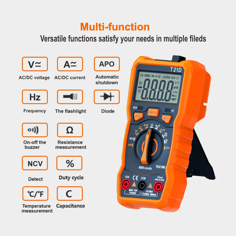 Auto-Ranging Digital Multimeter, TRMS 6000 Counts AC DC Voltmeter Ohm Volt Amp M