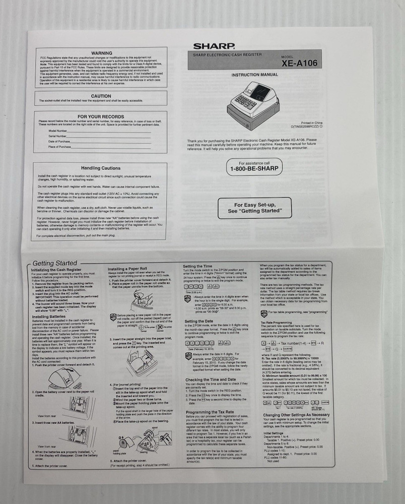 Sharp XE-A102 Cash Register Instruction Manual & Quick Start Guide Only