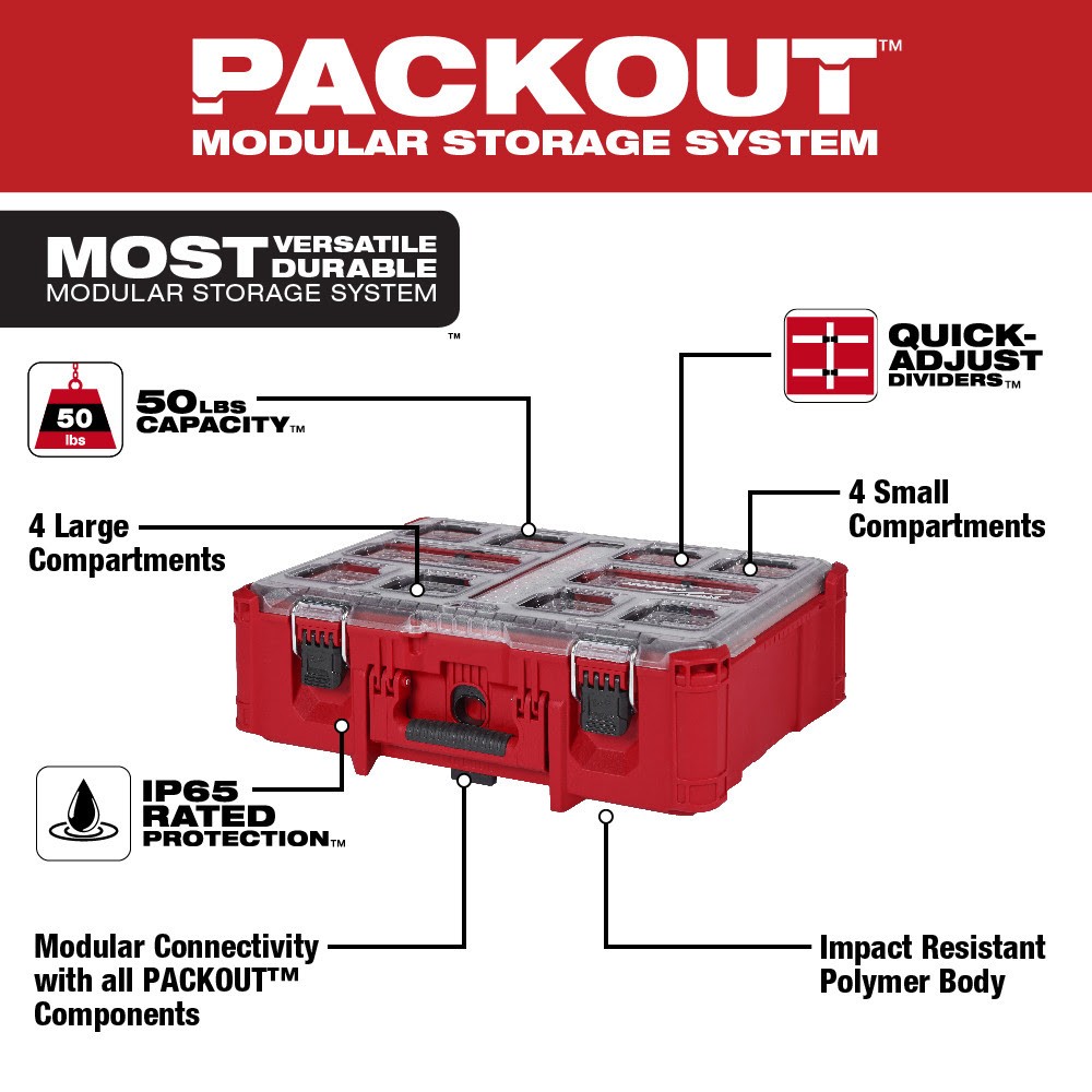 For Milwaukee Tool 48-22-8432 Packout Deep Compartment Box with 2 Compartments