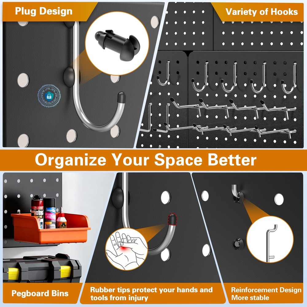 Peg Board, 70PCS Heavy Duty Metal Pegboard with Hooks, 6 Pack Black Peg Board...