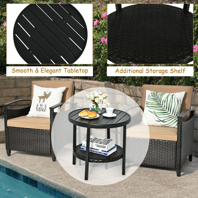 3pcs Outdoor PE Rattan Sofa Set Cushioned Sofas + Storage Table w/ Shelf