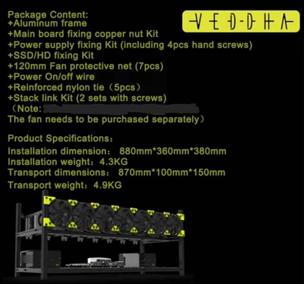 🇺🇸 USA Veddha 8 / 12 GPU Miner NEW VERSION frame Stackable Frame- NO FANS