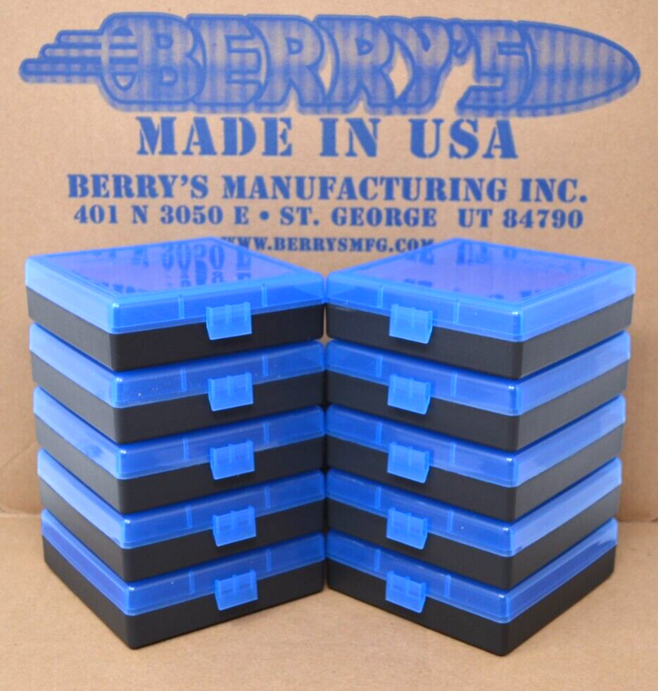 10 x 38 / 357 BERRY AMMO BOXES 100 ROUND STORAGE & RELOADING 5-Pack BLUE/BLACK