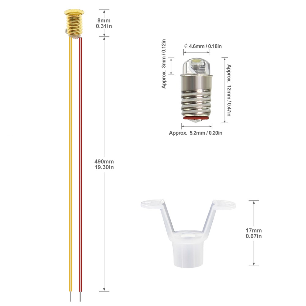 10 Units Bright White Screw LED Bulbs E5 E5.5 12V with Base Wire HO N Scale