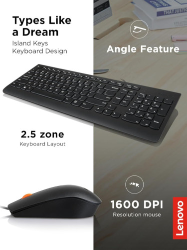 Lenovo 300 USB Combo, Full-Size Wired Keyboard & Mouse, Ergonomic, Left Black