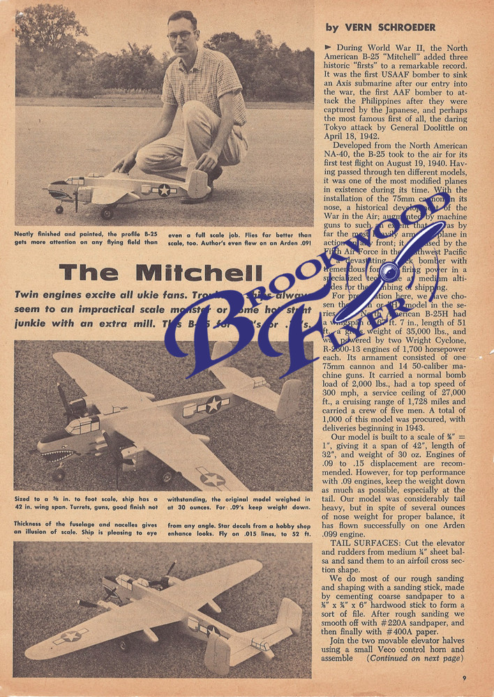 B-25 PLAN + CONSTRUCTION ARTICLE to Build a Profile UC Stunt Model Airplane