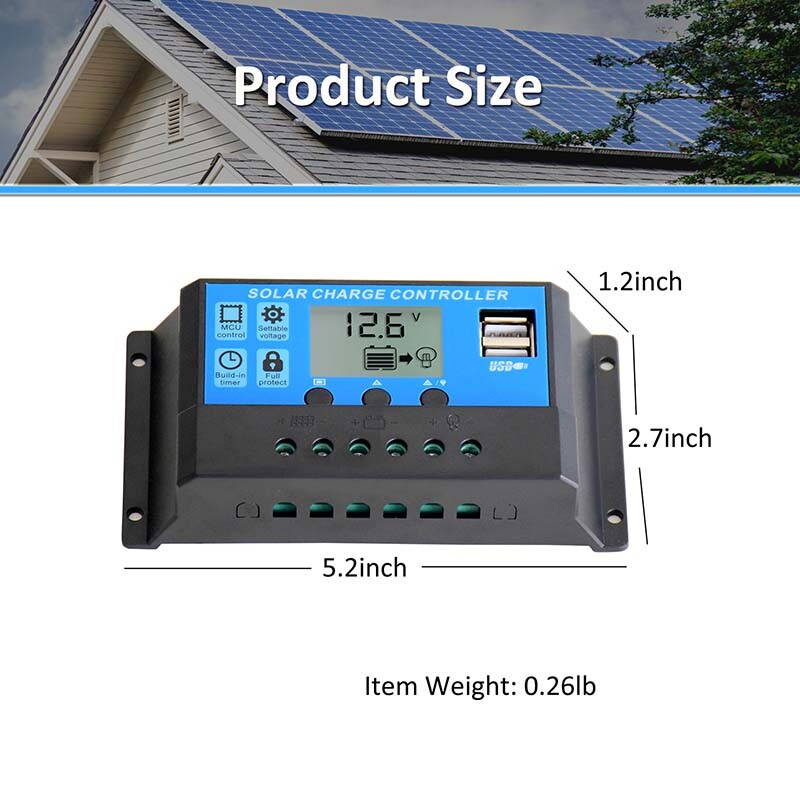PWM Solar Panel Battery Charge LCD Controller 10A 12V/24VAuto Regulator Dual USB
