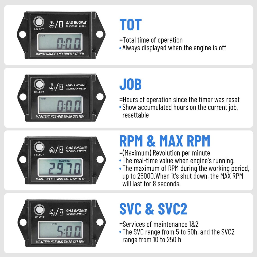 IP68 Waterproof Digital Tiny Tachometer Hour Meter +Battery Resettable Job Timer