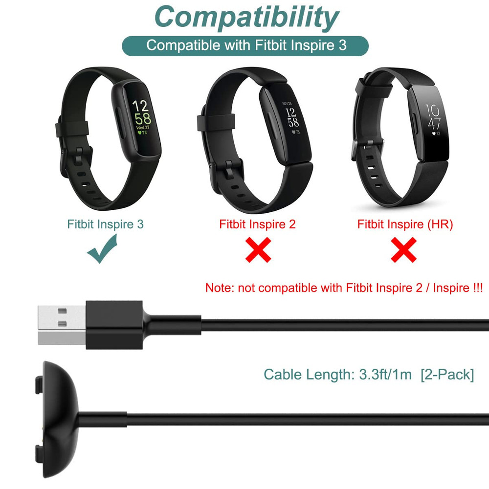 2 Pack Charger for Fitbit Inspire 3 Replacement USB Charging Cable 3.3ft Cord