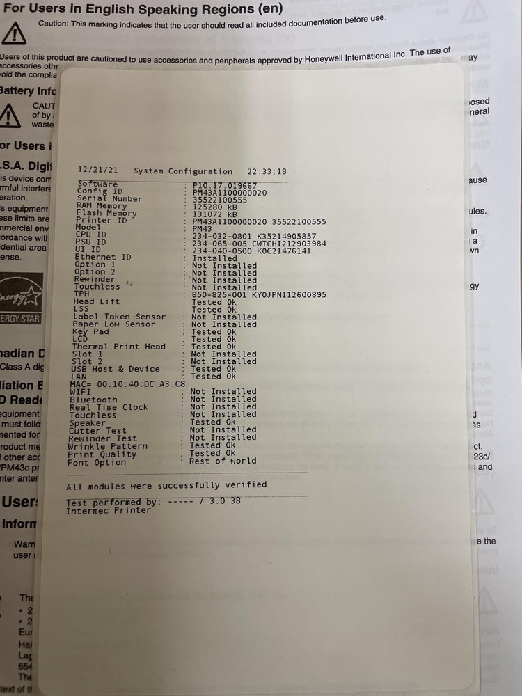 HONEYWELL INTERMEC PM43 BARCODE LABEL PRINTER PM43A11000000201 TT203