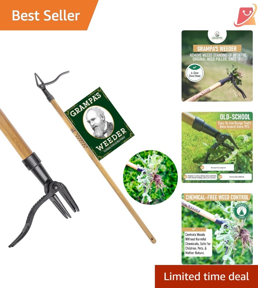 Stand Up Weed Puller Tool Bamboo 45" Long Handle 4-Claw Easy Weeding Durable