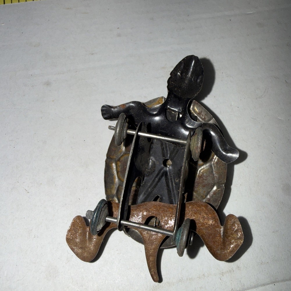 Antique Primitive Hand Painted Tin Turtle Pull Toy bin4 bg