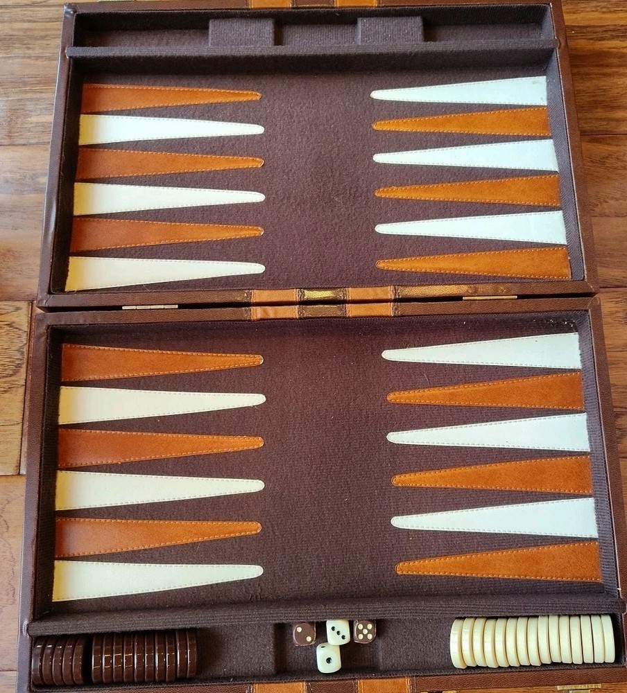 Vintage BACKGAMMON Game And Brown Case Set 10"x15"