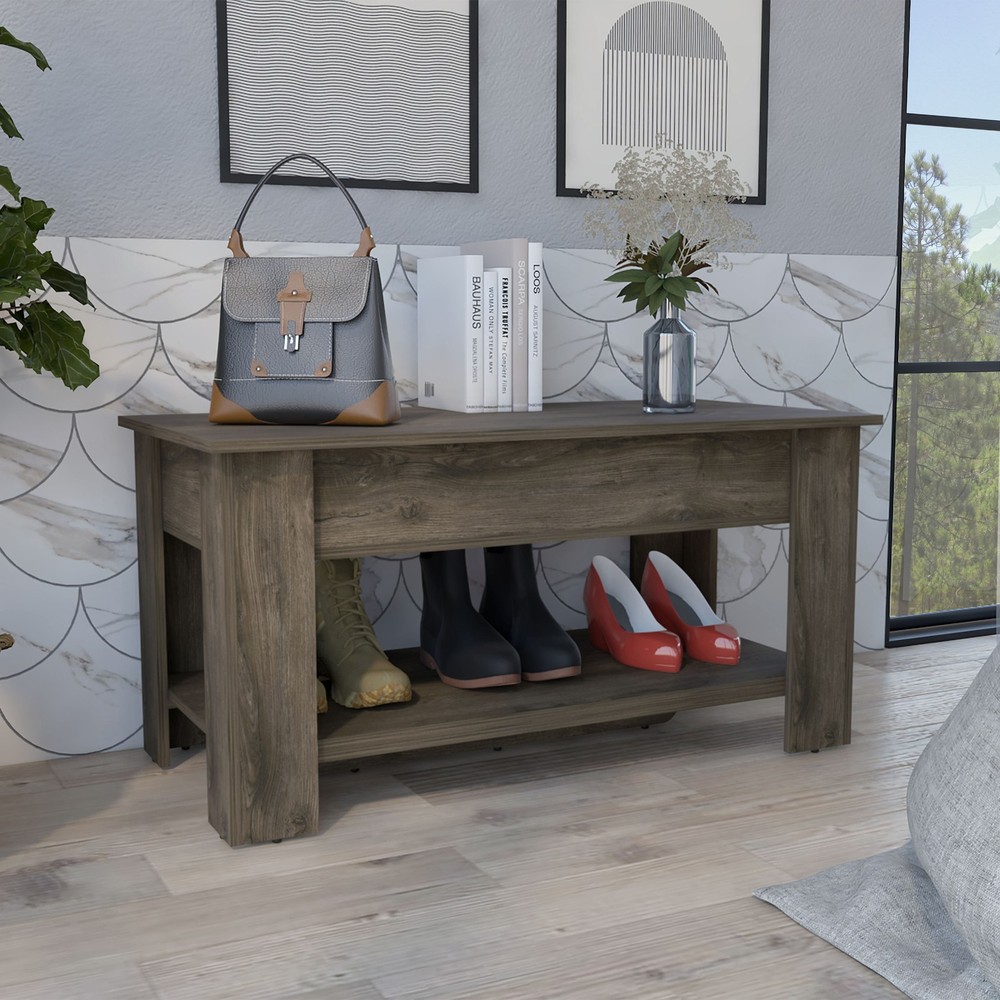 Austin Storage Table, One Extendable Table Shelf, Four Legs, Lower Shelf -Dark