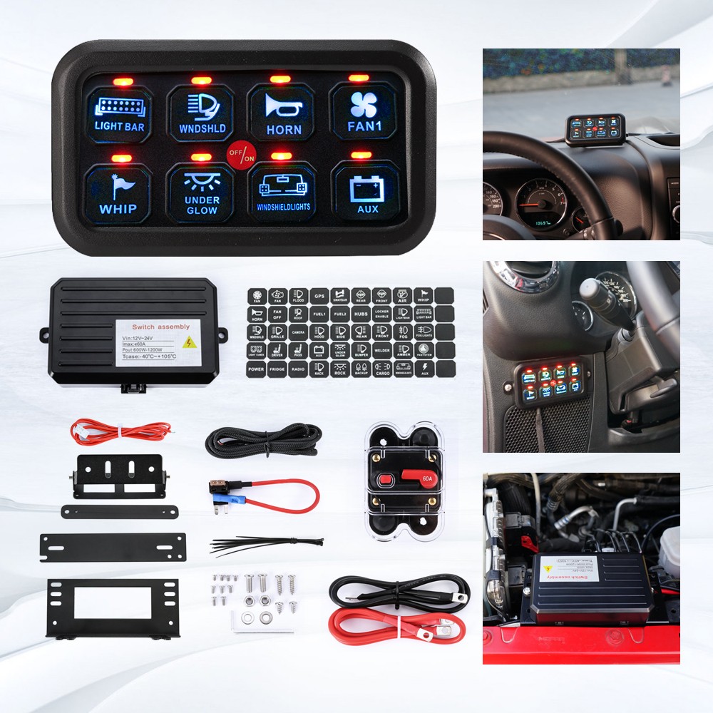 AUXBEAM 8 Gang Switch Panel Relay System On、Off Control Blue Backlit ATV UTV