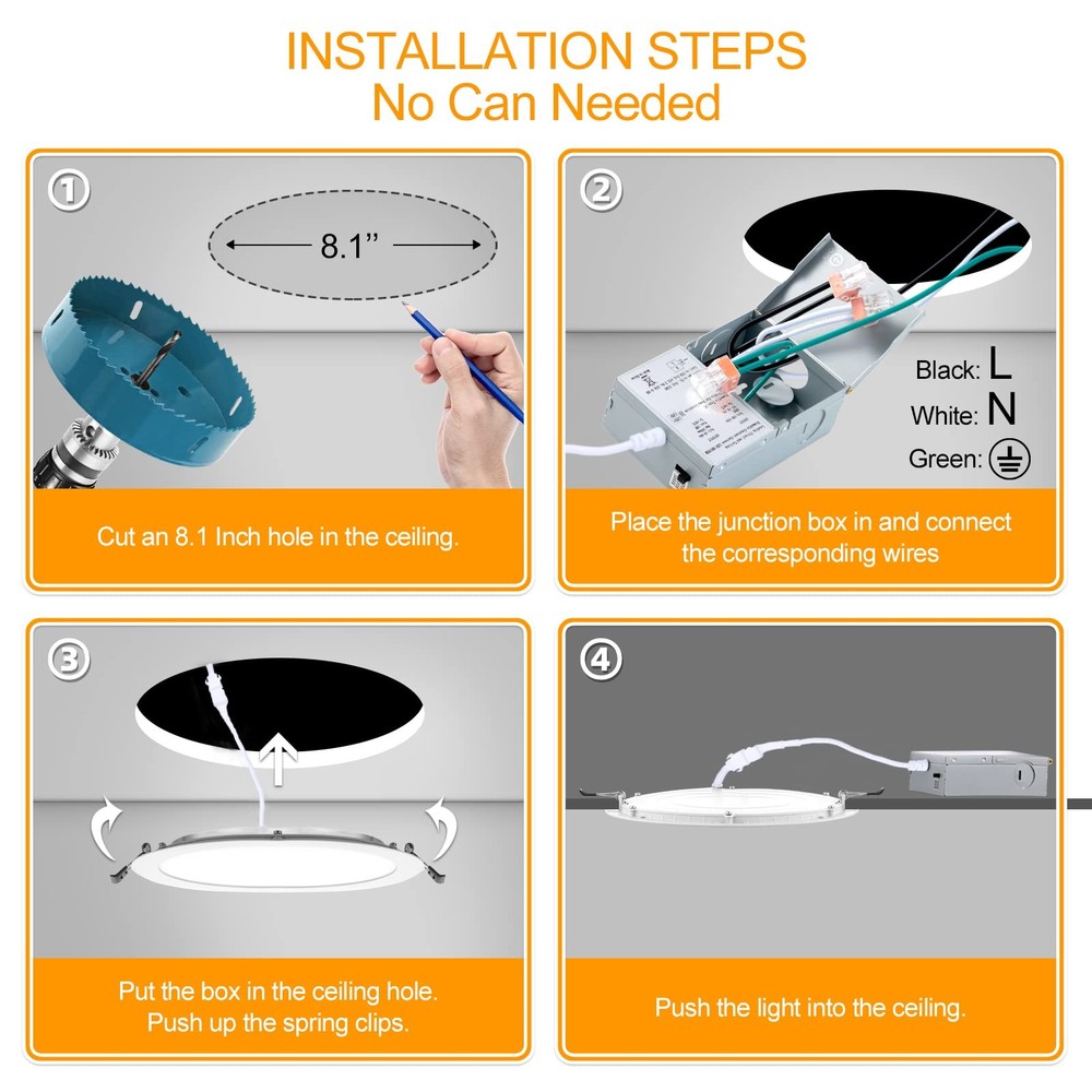 2PK 8" LED Recessed Light Ultra-Thin Ceiling Lighting Junction Box Dimmable CCT