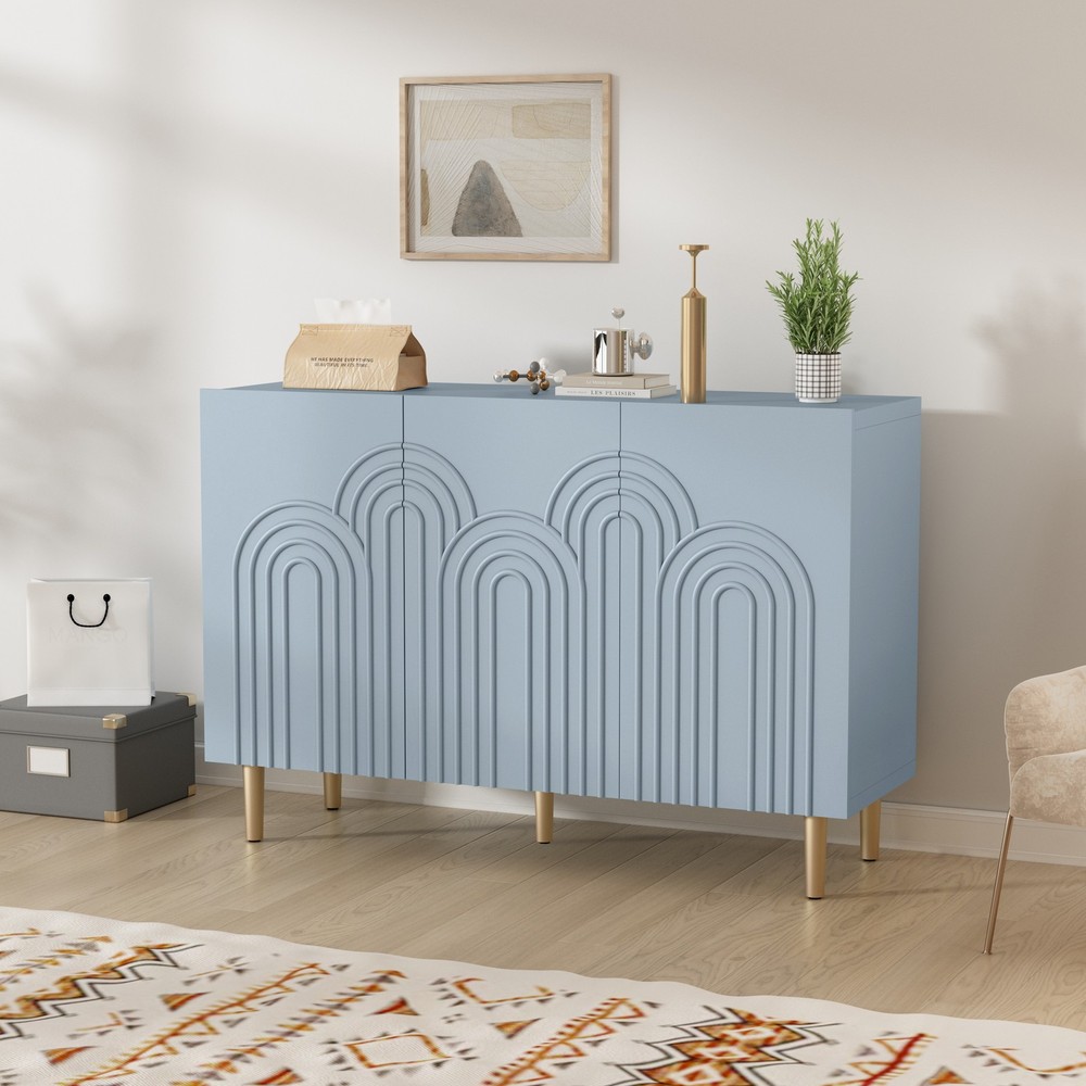 Wood Accent Storage Cabinet with Storage and 3 Doors with Relief Patterned Blue