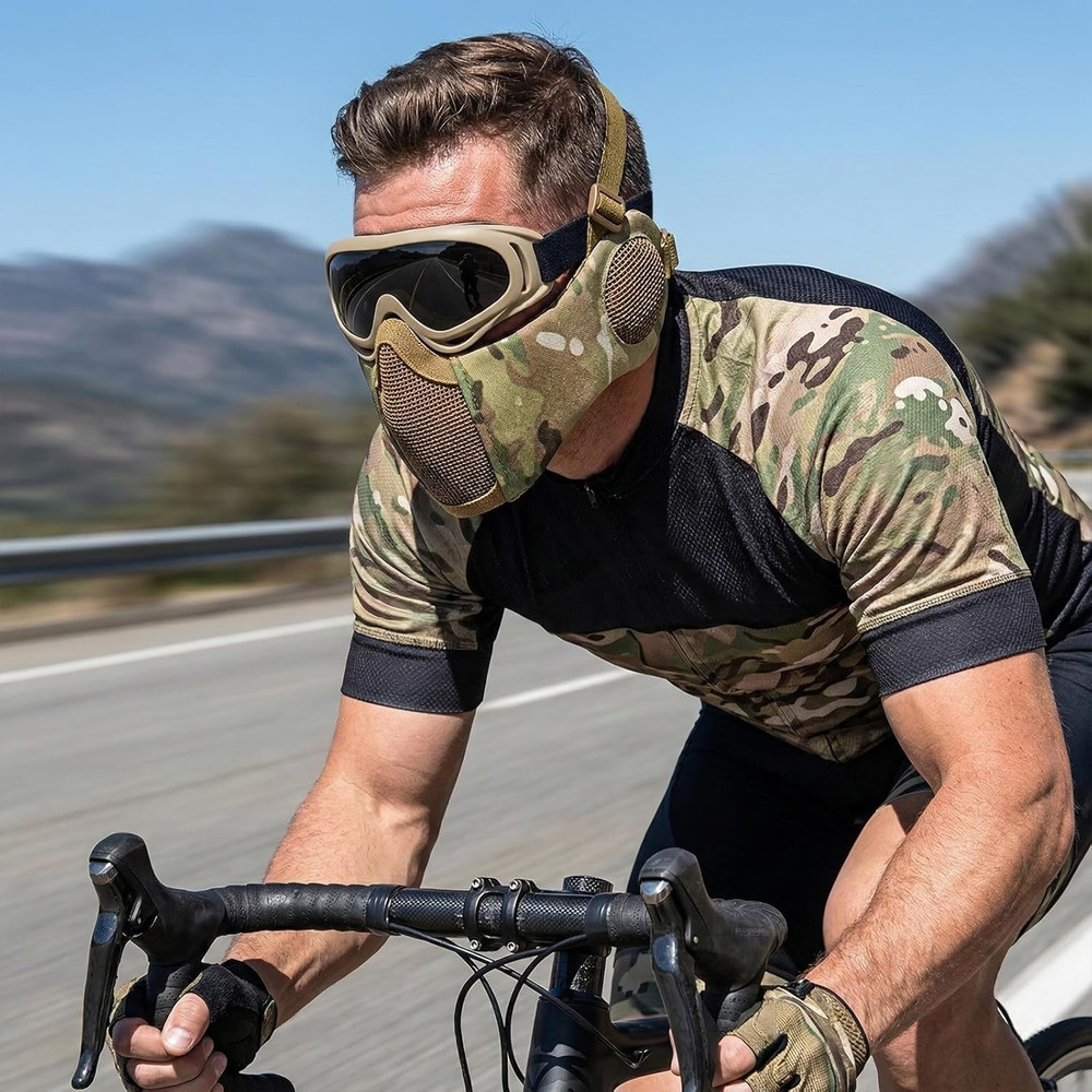 Airsoft Mask with Goggles, Foldable Half Face Airsoft Mesh Mask with Ear Protect