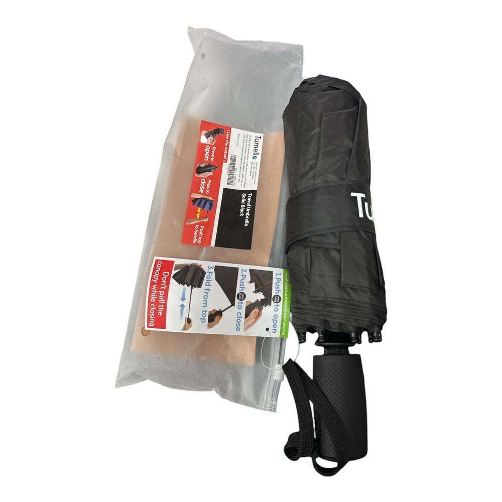 Tumella Windproof Travel Umbrella Compact Auto Folding 70MPH -Solid Black-