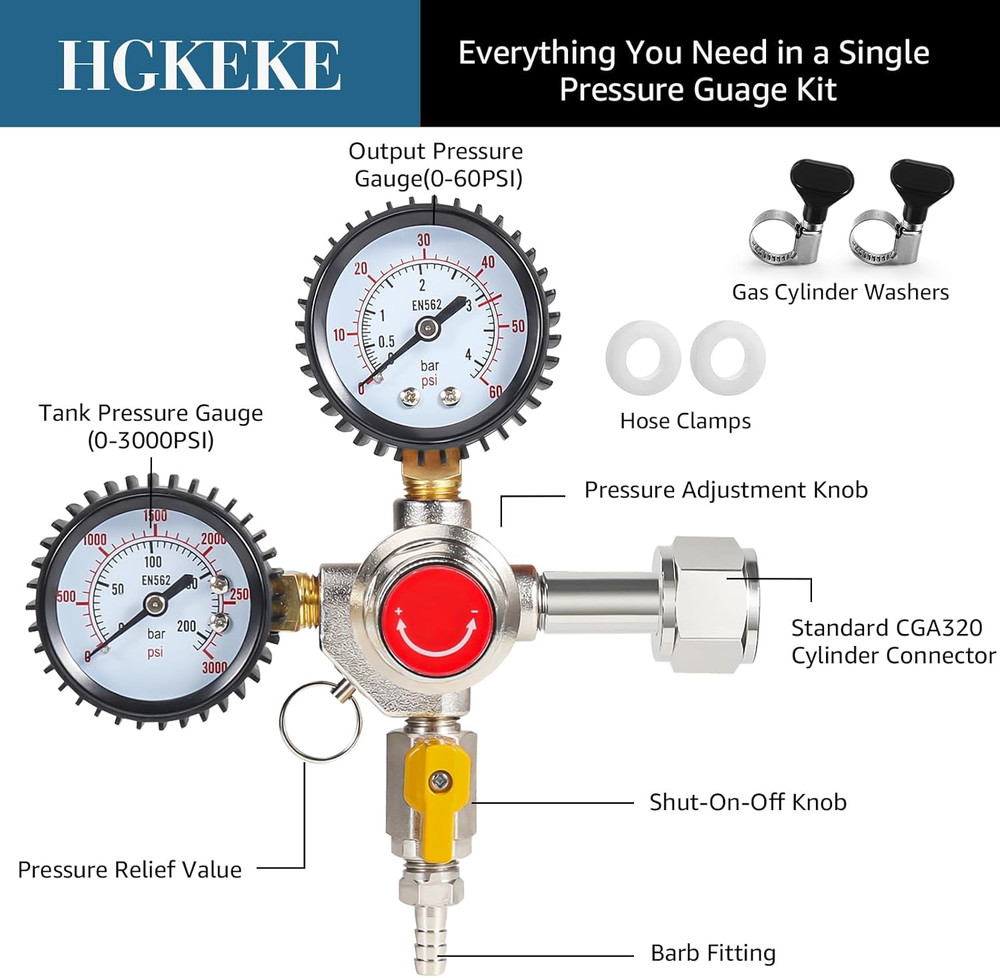 CO2 Regulator and Carbonation Cap Kit Beer Keg Regulator 60Psi Keg Regulator for
