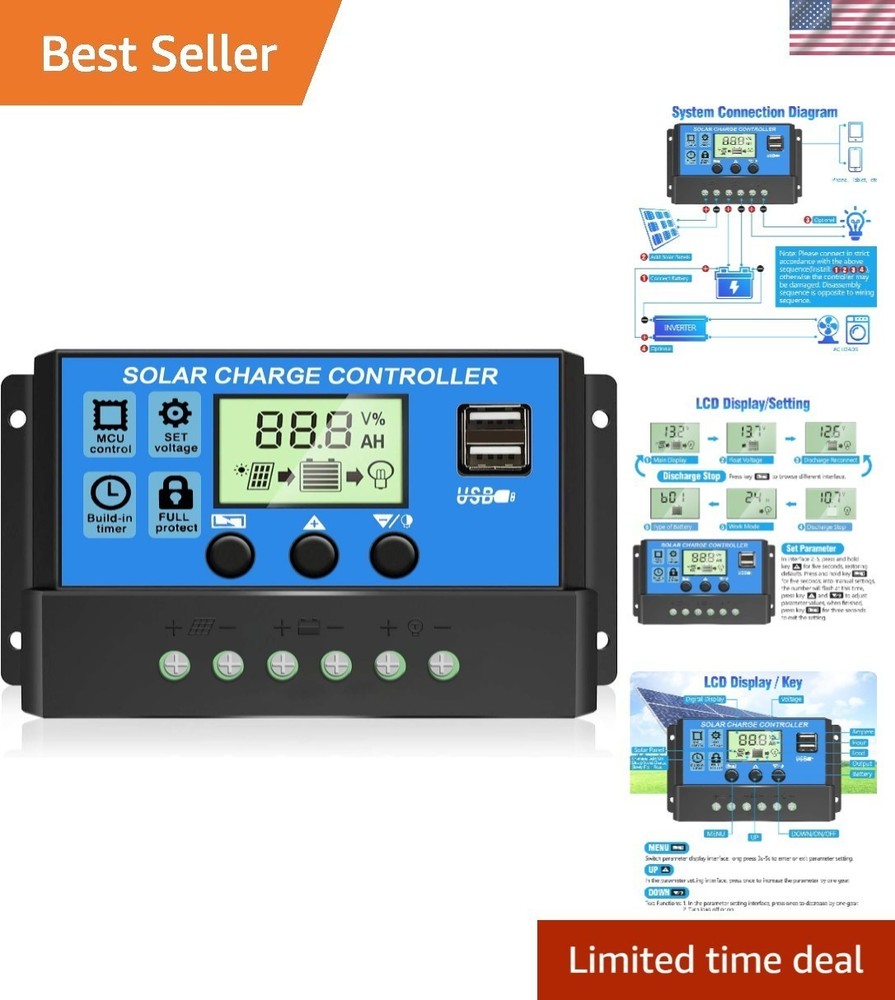 20A Solar Panel Battery Charge Controller 12V/24V LCD Regulator Auto Dual