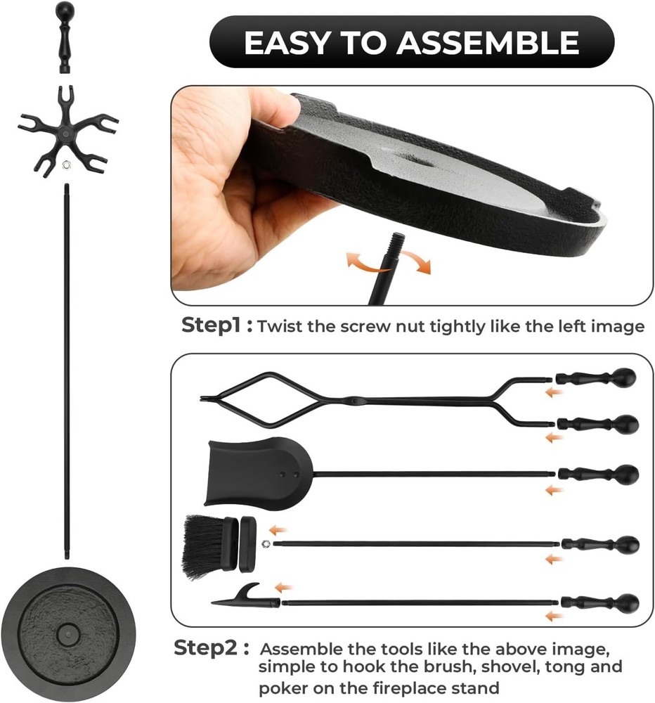 Fireplace Tools Set 5-Piece Cast Iron Fire Place Tool Set W/ Stand