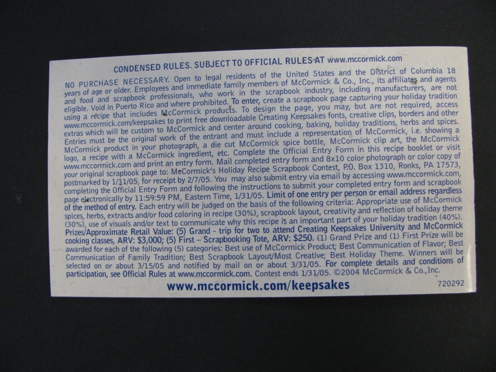 2004 McCormick Recipes & Tips for Creating a Holiday Recipe Scrapbook