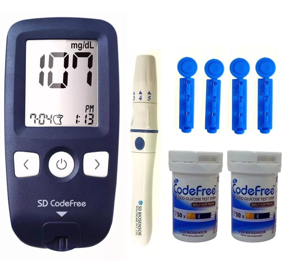 SD Codefree Glucometer Kit With Test Strip, Lanchet 100 Pic Each