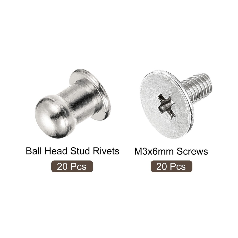 5mm Ball Head Stud Rivets Screw Back, 20Pack Round Head Button, Silver Tone