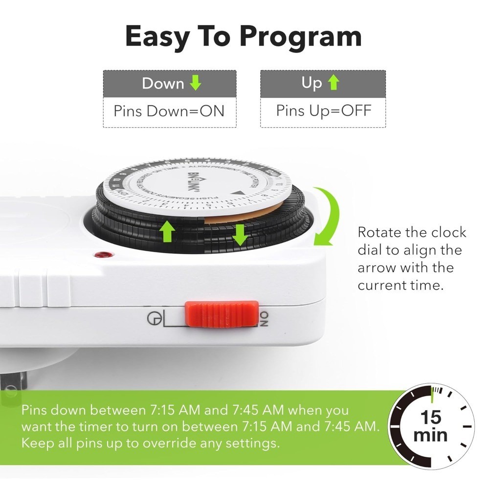 24 Hour Mechanical Timer Plug in Grounded for Aquarium Grow Light Hydroponics