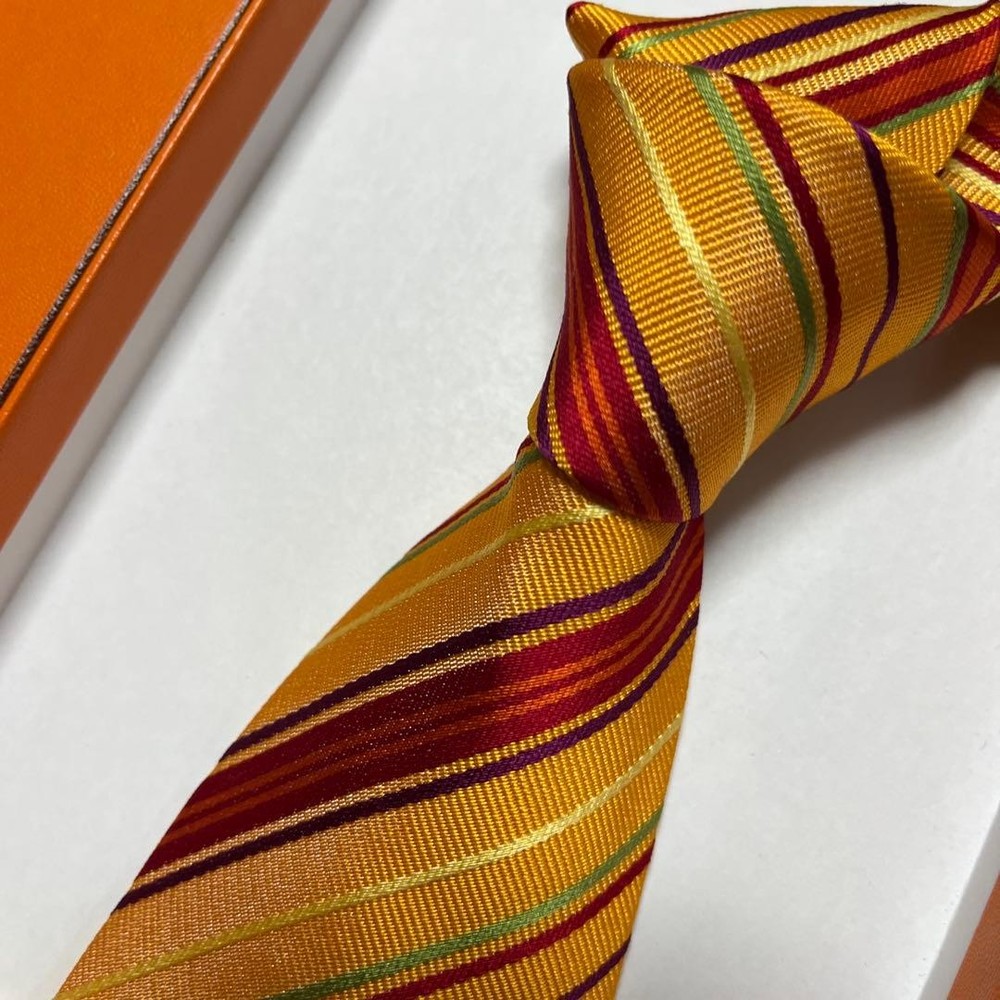 HERMES Tie Orange Multi Color Stripe Jacquard
