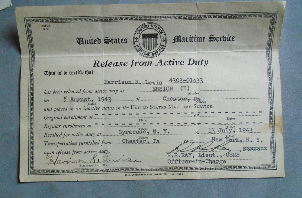 US Maritime Service Release From Active Duty certificate