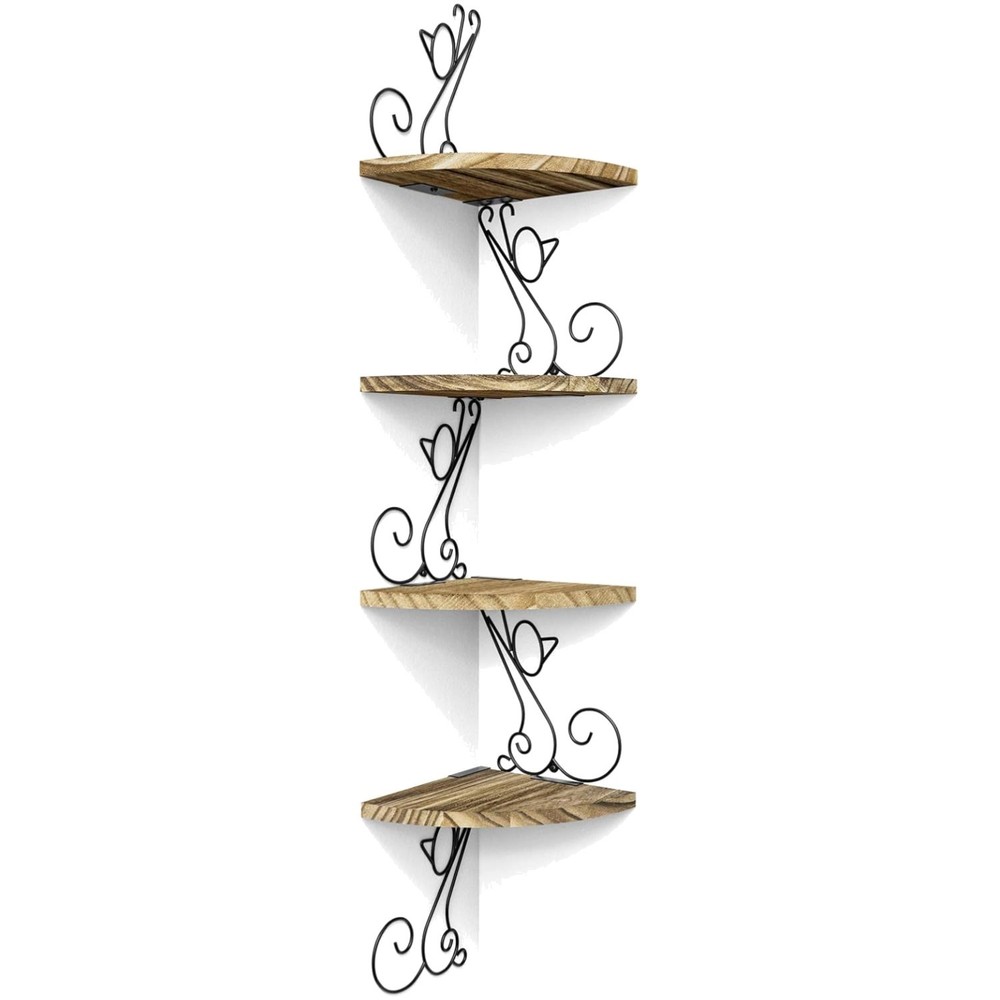 4-Tier Rustic Floating Corner Shelves in Cat Shape - Space Saving Solution