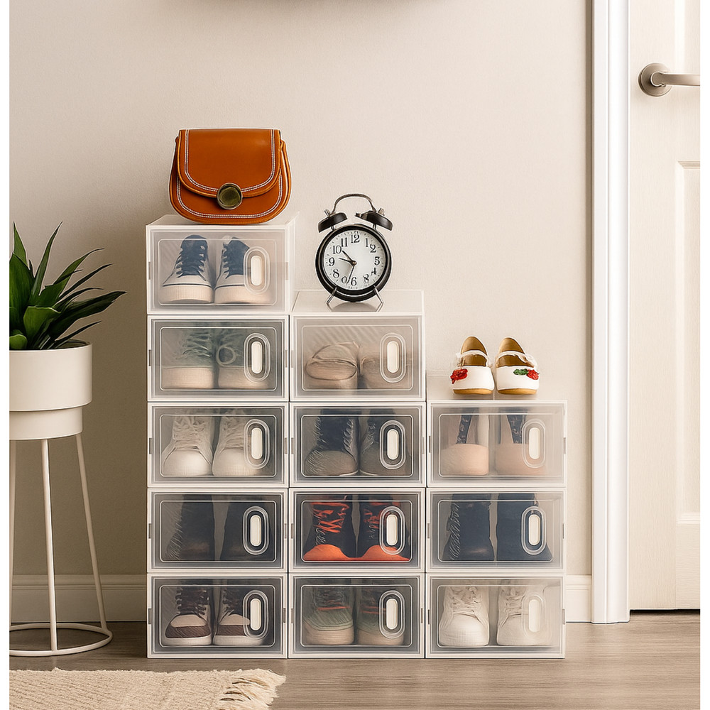 Shoes Storage Organizer Boxes, Clear Plastic 12 Pack Stackable - White