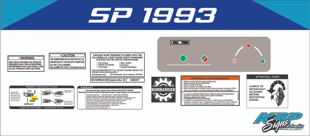 SEADOO SP 1993 Graphics / Decal / Sticker Kit WARNING DECALS