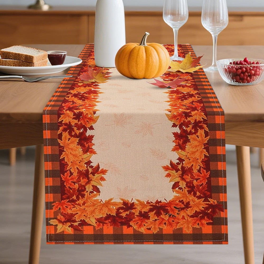 Fall Maple Leaf Table Runner, 13x72, Thanksgiving Harvest, Polyester Fabric