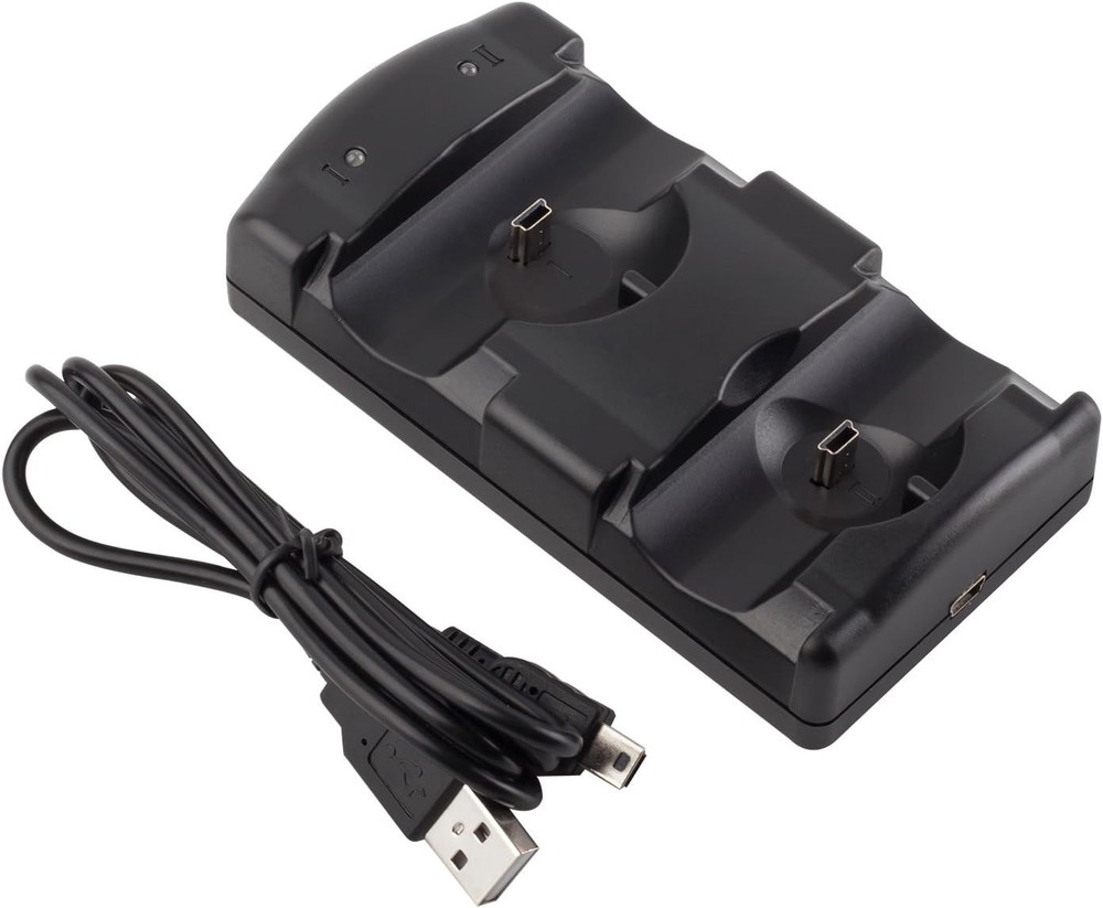 Black PS3 Controller Charging Station - Fast Charge with Built-in LED Indicator
