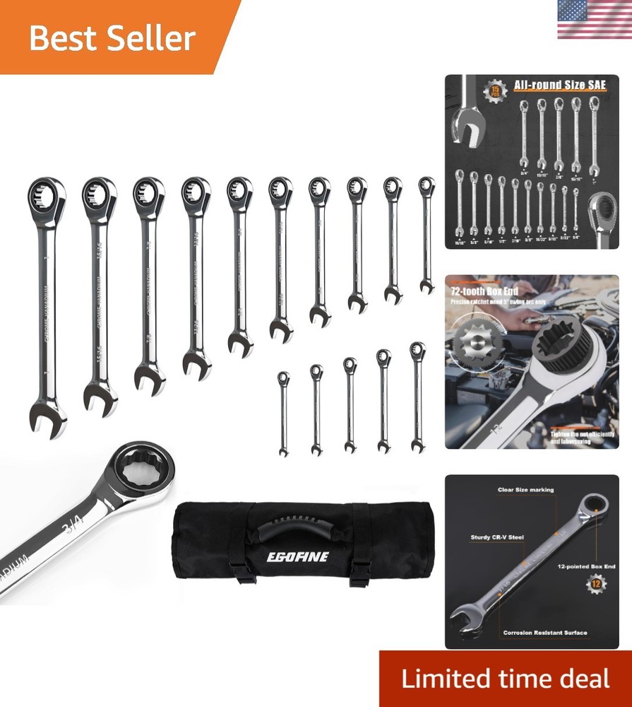 Ultimate 15-Piece SAE Wrench Set for Efficient Work: 72-Tooth & Storage Roll