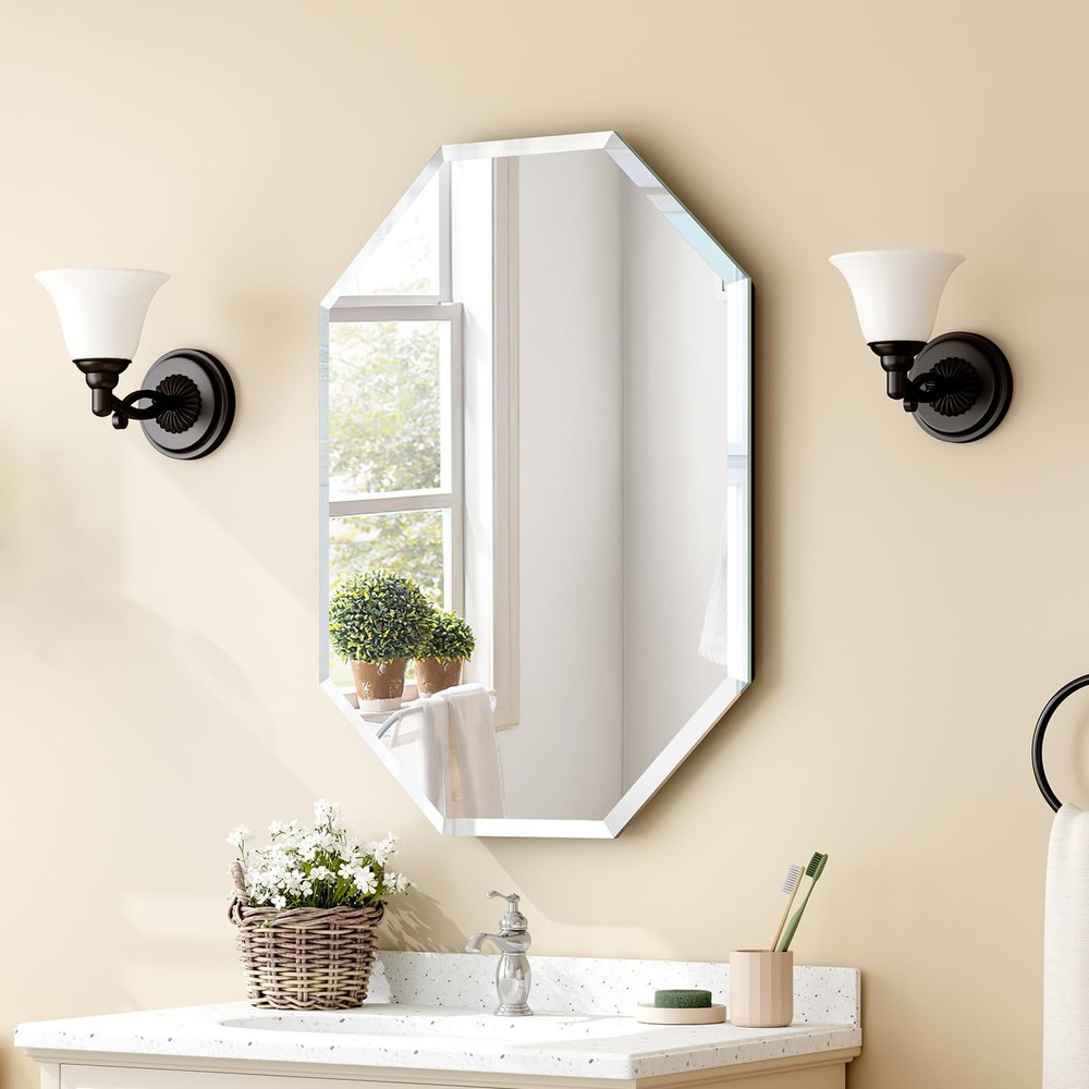 Frameless Mirror-20”X28” Rectangle Beveled Edge Silver Wall Mirror for Bathro...