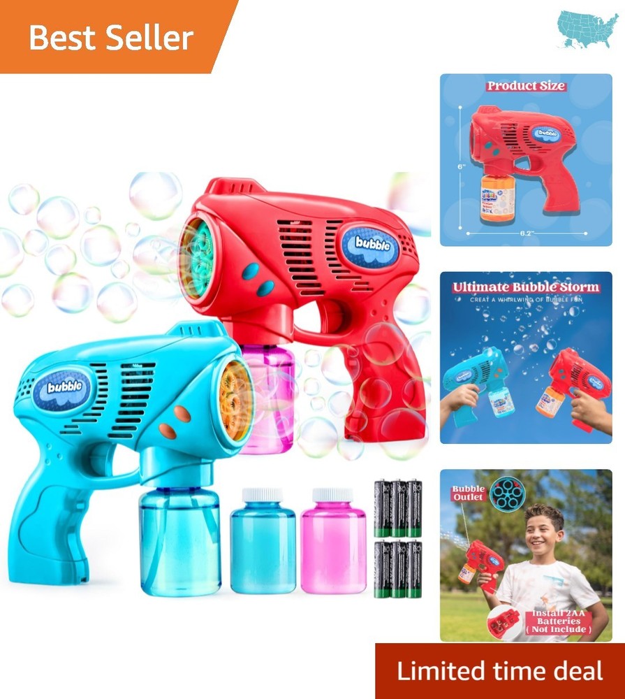Kids Bubble Guns Set - 2 Blasters with 10 oz Safe Bubble Solution & Batteries