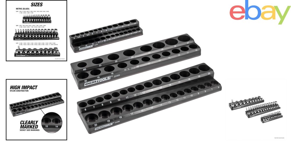 3 Piece Magnetic Socket Organizer Set for Toolboxes and Garage Storage