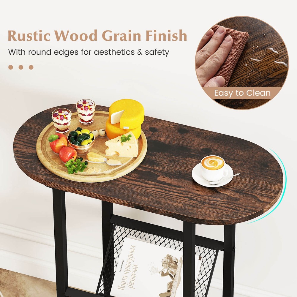 2-tier Side Table Oval Narrow End Table Nightstand Bedside Table Brown