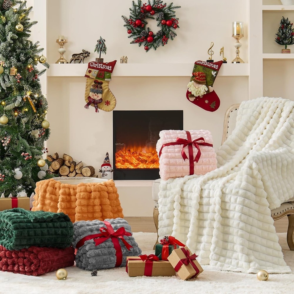 Updated Grey Throw Blanket Couch & Bed- Super Soft & Warm 3D Checkered Fluffy