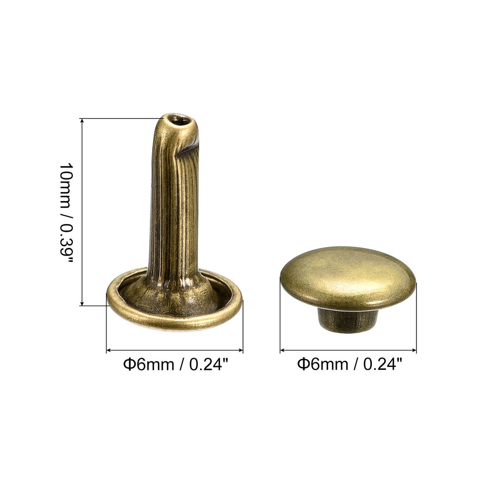 100 Sets Leather Rivets, 6x10mm Double Cap Rivets, Bronze Tone