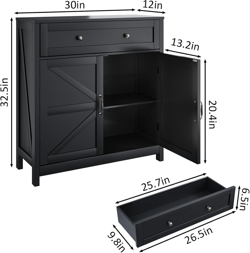 Buffet Sideboard W/ 2 Barn Doors,Black Kitchen Cabinet W/ Adjustable Shelf
