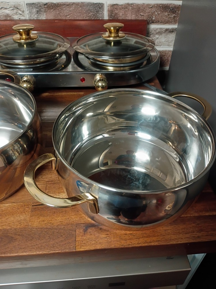 Command Performance Stainless/ Gold Buffet Cookware Set 3 Pots Lids & Warmer