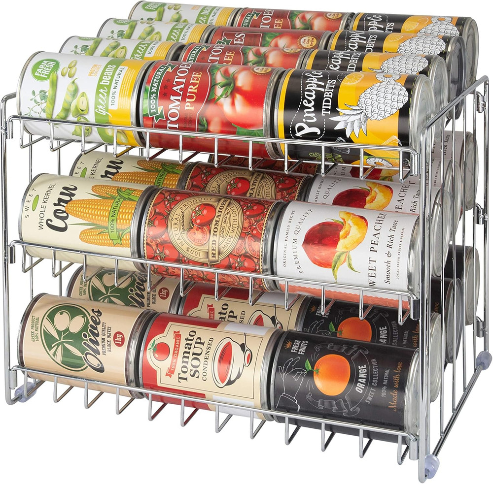 NEW 3-Tier Chrome Can Organizer Rack Holds 36 Cans Kitchen Pantry Storage 14.5"
