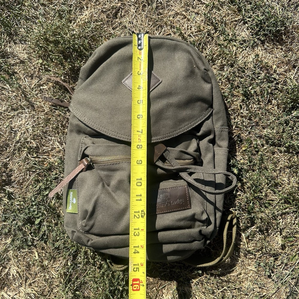 Natures Lodge Backpack, Olive Green Canvas W/Leather Pulls
